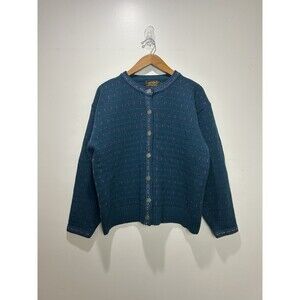 Vtg Eddie Bauer Cardigan Sweater Chunky Knit Birds Eye Wool Blend Gray Blue 90s